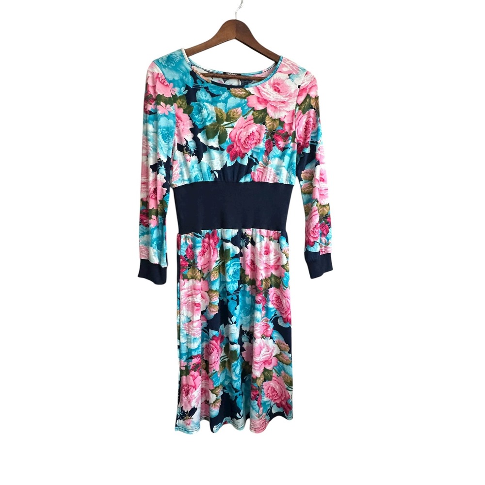 Zeagoo Floral Print Long Sleeve Midi Dress Women‎ Size S Blue Pink Roses